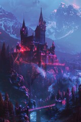 digital glowing medieval castle in the mountains of 3d triangular polygons