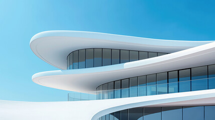 Imagine a 3D white architectural interior design, both modern and contemporary. It features curved walls, indoors and outdoors, against a backdrop of blue architecture on a sunny day