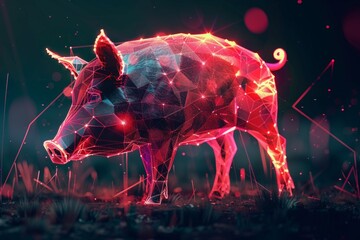 digital glowing pig of 3d triangular polygons