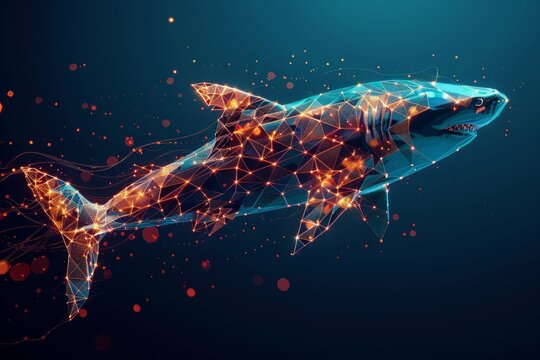 digital glowing shark of 3d triangular polygons