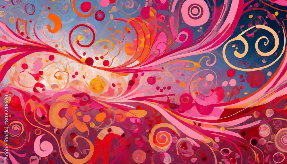 Poster a colorful cheerful pink and red background with abstract swirls and shapes generative ai