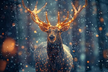 digital glowing elk of 3d triangular polygons in winter forest
