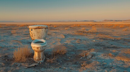 Abandoned toilet in a desolate desert landscape at sunset. Conceptual photography exploring themes of abandonment and isolation.