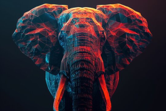 digital glowing elephant of 3d triangular polygons