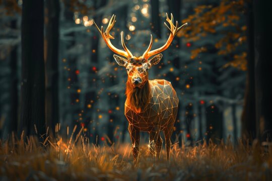 digital glowing elk of 3d triangular polygons in winter forest