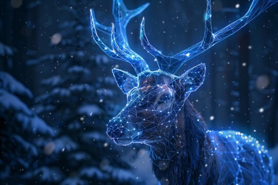 digital glowing elk of 3d triangular polygons in winter forest