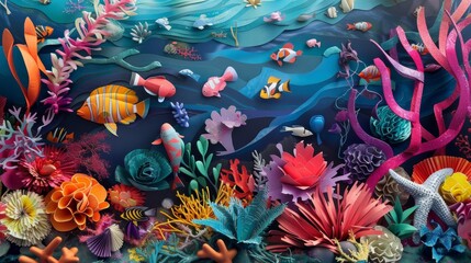 Fototapeta na wymiar Colorful Paper Crafted Aquarium with Vibrant Sea Creatures and Corals AI Generated