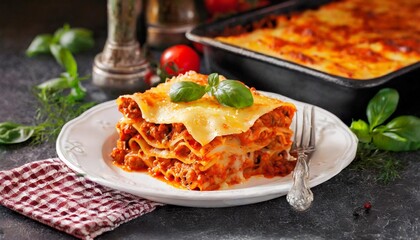 a plate of lasagna on a table with a fork generative ai