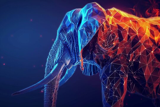 digital glowing elephant of 3d triangular polygons