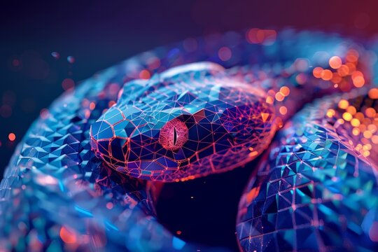 digital glowing snake of 3d triangular polygons
