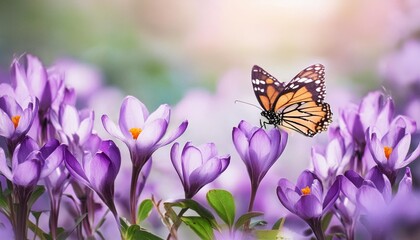 soft purple flowers of of violet with flying butterfly on blur spring background