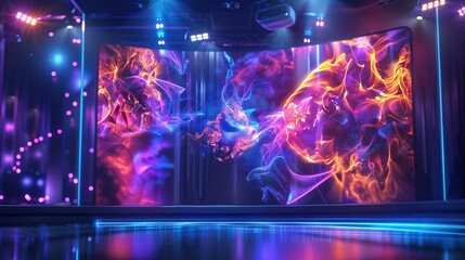 Advanced home theater, holographic movie projection, dark with spotlights