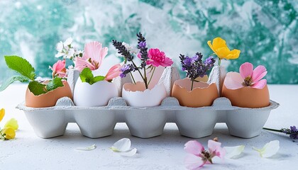 beautiful easter composition flowers in eggs shells on marble background festive spring season...