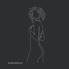 Woman body one single continuous line silhouette. Vector stock illustration isolated on black background for design template beauty and spa calendar, price list, social media. Editable stroke.