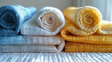 Rolled Up Linen Blankets in Blue, White, and Yellow Hues on a Bed