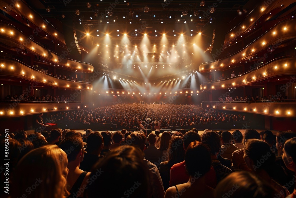 Aufkleber A large auditorium filled with an enthusiastic crowd watching artists perform on stage during a live event. Generative AI