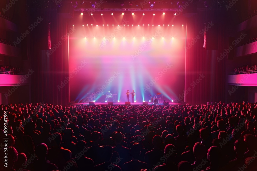 Poster a large auditorium filled with a crowd of people enjoying a live music concert with artists performi