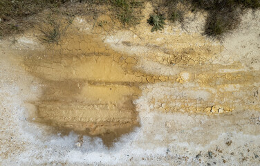 Dry cracked road . Concept image of global warming. Top view of dry rural road.
