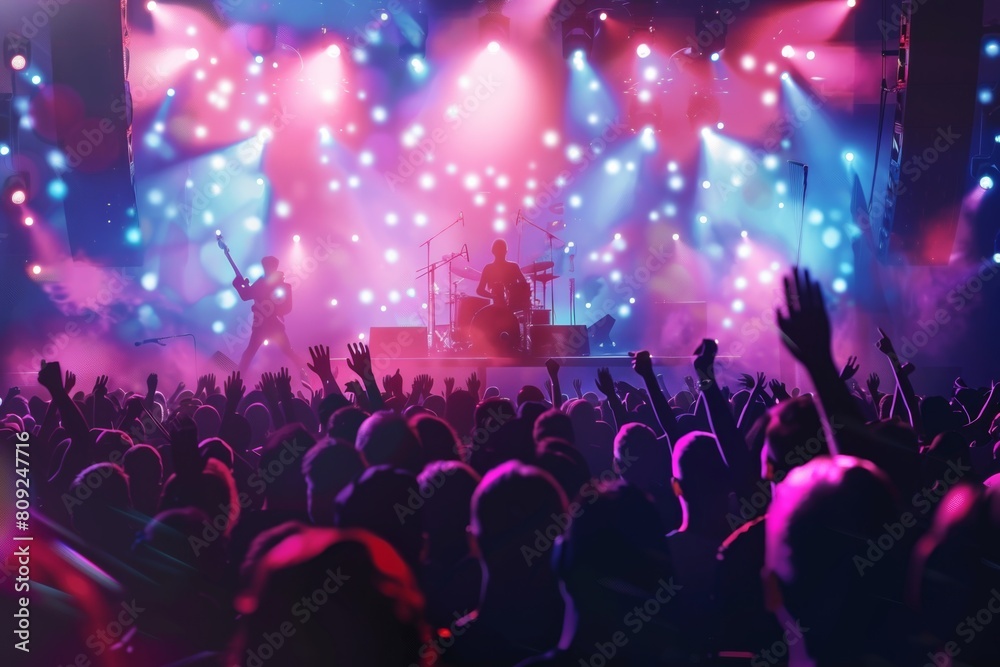 Poster a lively audience at a concert venue, enthusiastically raising their hands in the air while enjoying