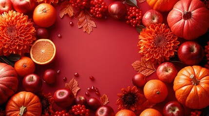   A red circular arrangement of oranges, apples, and pomegranates on a yellow background