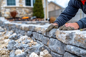 Naklejka premium Man Placing Rocks on Stone Wall