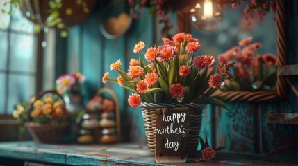 Floral arrangement in a rustic basket with 'Happy Mother's Day' tag. Indoor photography with vintage tones. Mother's Day celebration and gift concept for design and greeting card.