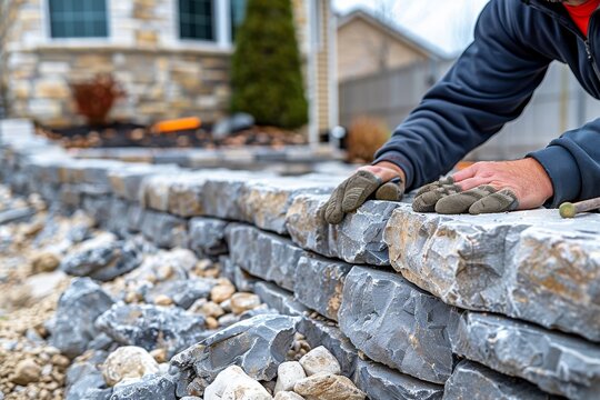 Man Placing Rocks on Stone Wall