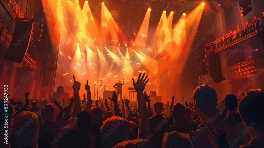 Poster a lively crowd of people cheering with their hands up in excitement at a concert, artists performing