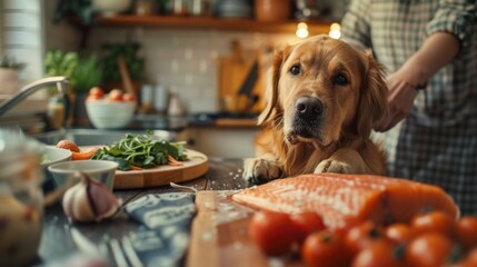 A kitchen scene where a dog watches as the owner blends raw fish with a small amount of greens, prepping a BARF diet meal