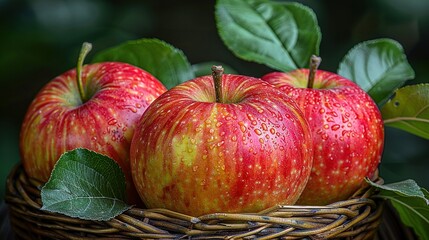   A clear shot of three apples arranged neatly in a woven basket, surrounded by lush foliage