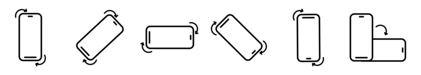Rotate set of smartphone linear icons isolated on white background. Rotate your mobile phone screen. Horizontal or vertical rotation icons.