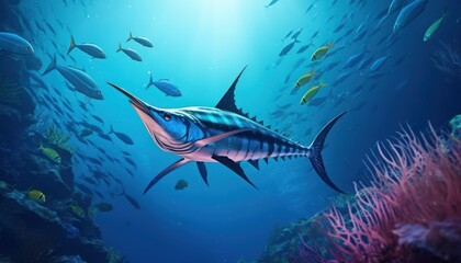 Fototapeta premium Giant Marlin fish in the ocean, beautiful view of marlin fish in the blue ocean