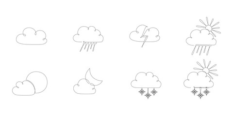 Weather one single line symbols set. Continuous editable stroke hand drawn line. Vector stock illustration isolated on white background for design template travel blog, meteorology forecast day.