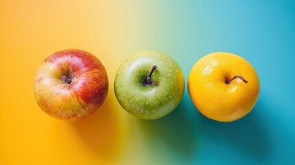   Three apples and two oranges arranged beside each other against a blue-green-yellow-pink...
