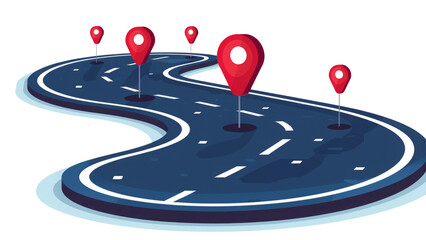 Navigating the Journey: Road Map with Red Location Pins. Transparent background.