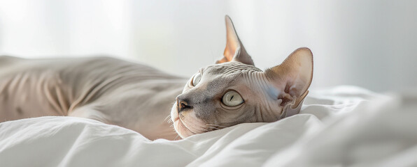 The sphinx cat lies and looks away on a white sheet. Cat close-up