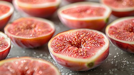   A detailed view of several cut figs on a table surrounded by more figs
