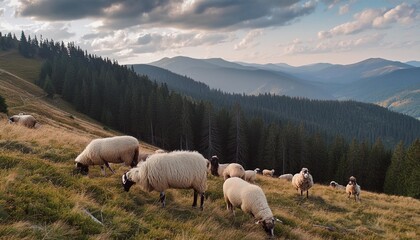 sheep grazing on grassy hillside alpine scenery of ukrainian carpathians in late summer rolling...