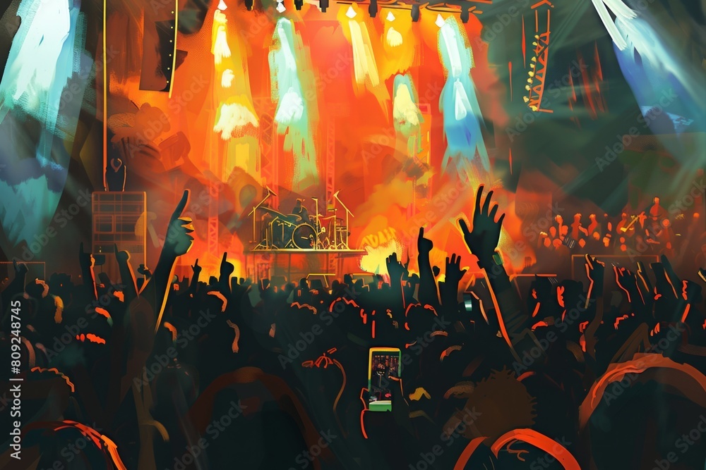 Aufkleber a lively crowd of people enthusiastically raise their hands in the air at a concert while artists pe