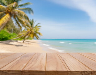 Beach Product Mockup Concept. Wooden Table with Tropical Beach Background