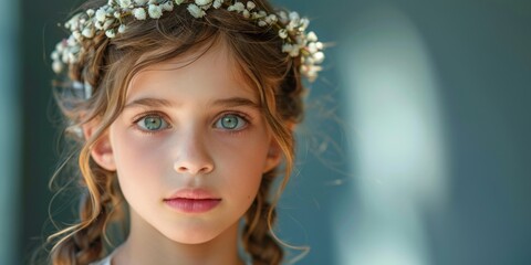 Young girl with blue eyes wearing a white floral crown. Close-up studio portrait with soft focus. Springtime and innocence concept. Design for children's fashion and greeting card