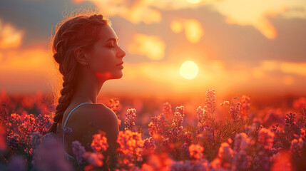 person in the flower field at the sunrise and summer time 