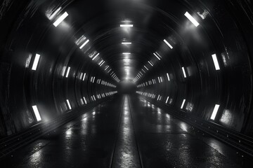 An empty underground black room like tunnel with bare walls and lighting metro