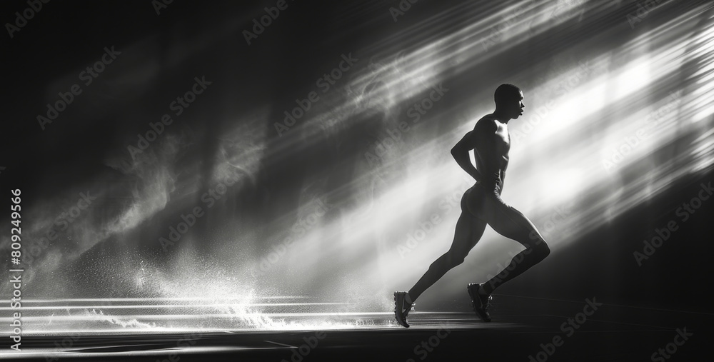 Poster A man is running through the darkness, illuminated by a bright light behind him.