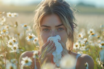 Young woman blowing her nose in a field of white daisies. Close-up shot at sunset. Seasonal allergies and health concept. Design for health awareness poster and banner.