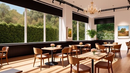 Fototapeta premium a restaurant with a lot of tables and chairs