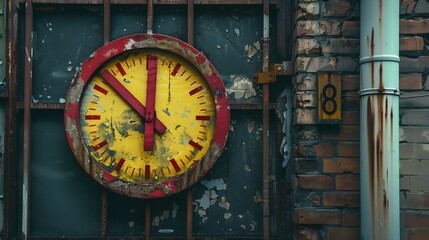 a clock on a wall with bars around it and a brick wall behind it with a rusted metal fence..
