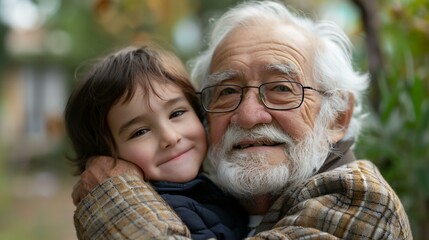 a little girl hugging an older man in a park setting with a tree in the background