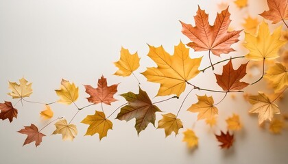 autumn colored falling maple leaves isolated on white background