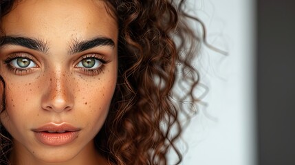 Naklejka premium Serene and Reflective Young Woman with Curly Brown Hair